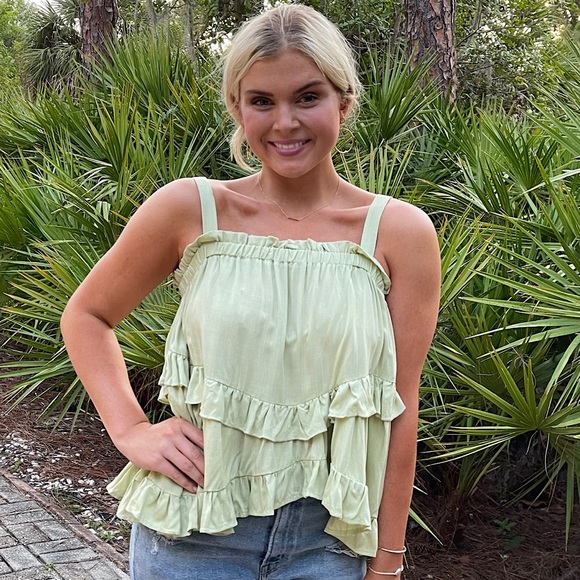 Fun and flirty Double Tiered Ruffled Hem Top in pistachio green. - Picture 2 of 4